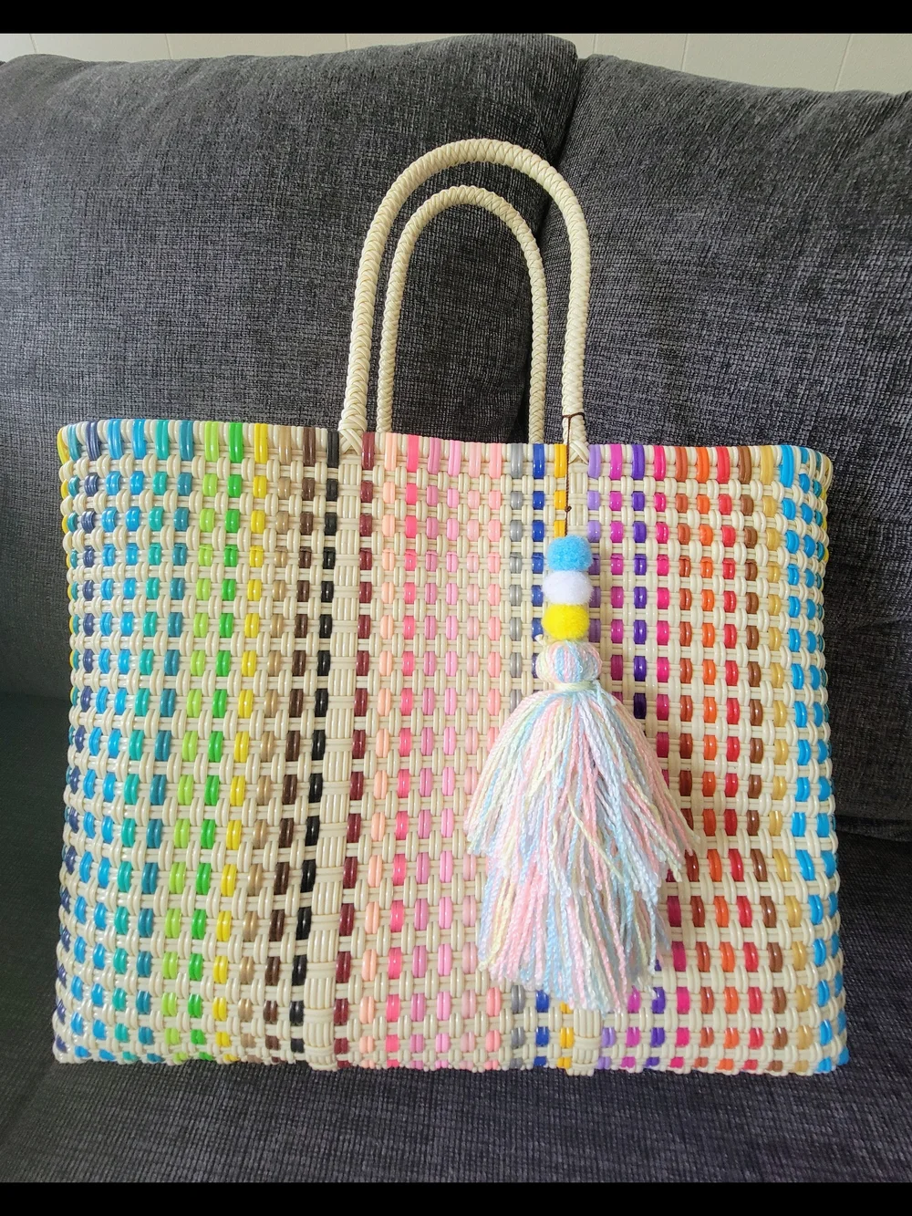 Multicolor Woven Tote with Pastel Tassel Accent